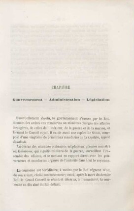 Chapitre III. Gouvernement - Administration - Législation
