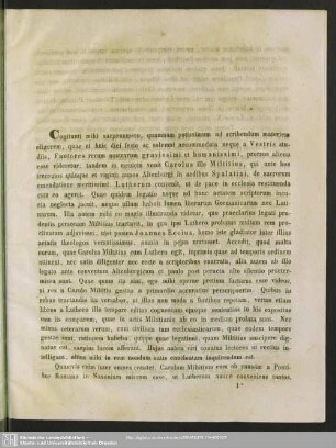 Disputationis de iis, quae Carolus Miltitius cum Luthero, inprimis Altenburgi in aedibus Spalatini, egerit, particula I