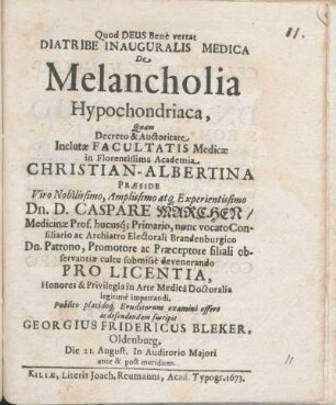 Diatribe Inauguralis Medica De Melancholia Hypochondriaca