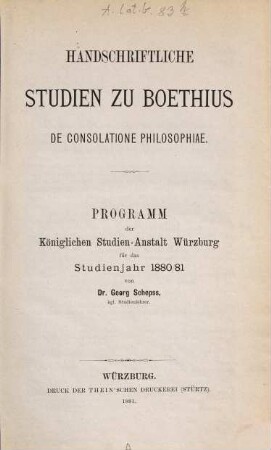 Handschriftliche Studien zu Boethius De consolatione philosophiae