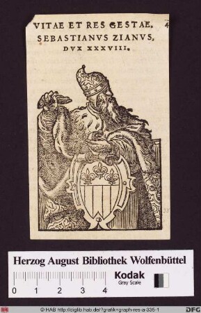 Brustbild des Dogen Sebastiano Ziani über seinem Wappen