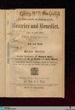 Beatrice und Benedict : Oper in 2 Akten; (nach Shakespeare)