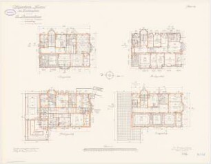 Offiziersheim Taunus, Falkenstein Beamtenhaus: Be- und Entwässerungssystem: Grundriss Keller, Erdgeschoss, Obergeschoss, Dachgeschoss 1:100