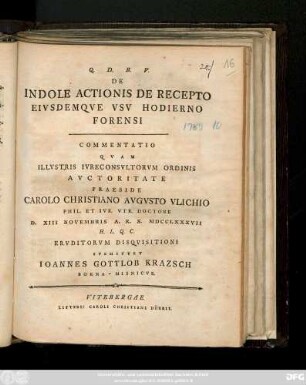 De Indole Actionis De Recepto Eivsdemqve Vsv Hodierno Forensi Commentatio