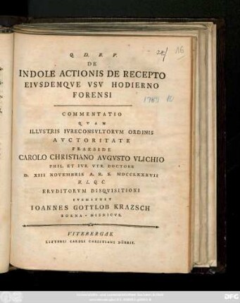 De Indole Actionis De Recepto Eivsdemqve Vsv Hodierno Forensi Commentatio