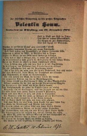 Zur feierlichen Erinnerung an den großen Componisten Valentin Hamm : gestorben zu Würzburg am 22. December 1874