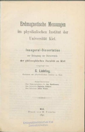 Erdmagnetische Messungen im physikalischen Institut der Universität Kiel
