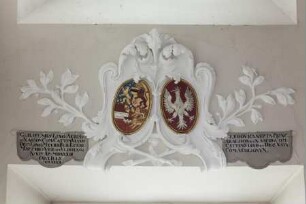 Wappenpaare in Kartuschen — Wappen des Prinzen Wilhelm von Oranien-Nassau (1533-1584) und seiner Ehefrau Louise von Coligny (1555-1620)