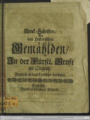 Denck-Schriften bey den historischen Gemählden in der fürstlichen Gruft zur Liegnitz