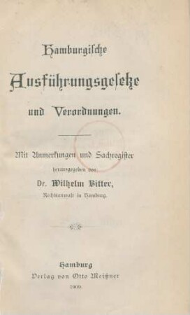 Hamburgische Ausführungsgesetze und Verordnungen : mit Anmerkungen und Sachregister