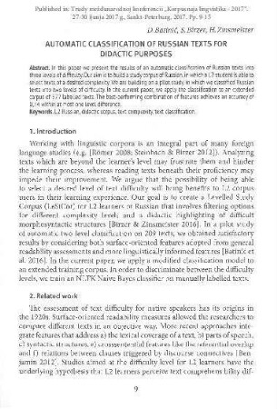 Automatic classification of Russian texts for didactic purposes