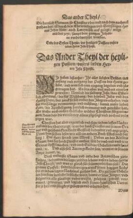 Das Ander Theyl der heyligen Passion/ unsers lieben Herrn Jesu Christi.