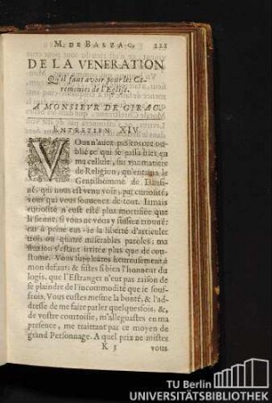 M. De Balzac. La Veneration Qu'il faut avoir pour les Ceremonies de l'Eglise. A Monsievr De Girac. Entretien XIV.