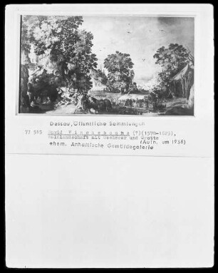 Waldlandschaft mit Gewässer und Grotte