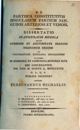 De partibus constitutivis singularum partium sanguinis arteriosi et venosi : dissertatio inauguralis medica