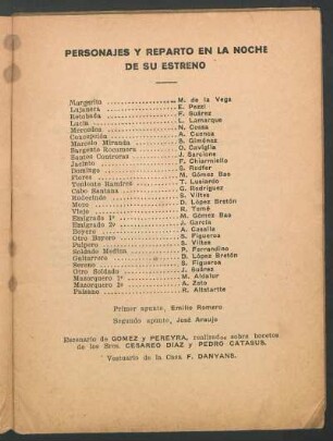 Personajes y reparto en la noche de su estreno