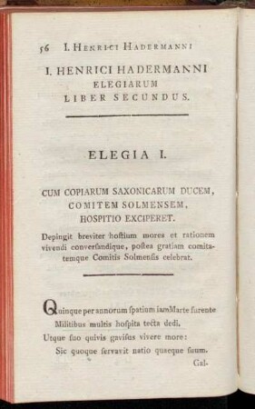 I. Henrici Hadermanni Elegiarum Liber secundus.