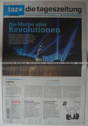 Tageszeitung "taz. die tageszeitung" mit Titel der Sonderausgabe zum 100-jährigen Bestehen des Freistaates Bayern