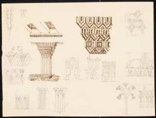 Rechteckiger Pfeiler und ägyptische Ornamentdetails: Perspektivische Ansicht, Detail der Kapitellornamentik und zahlreiche weitere pflanzliche Ornamentdetails