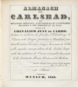 Almanach de Carlsbad ou mélanges médicaux, scientifiques et littéraires, relatifs à ces thermes et au pays, 14. 1844