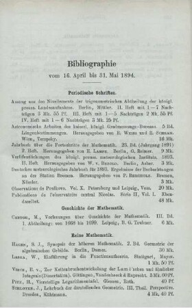 Bibliographie vom 16. April bis 31. Mai 1894.