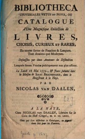 Auctio ... publica ... in aedibus Nicolai van Daalen et Aemilii Wetters, [2.] 1772, 18. Mai