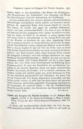 581-582 [Rezension] Rappaport, Salomo, Agada und Exegese bei Flavius Josephus