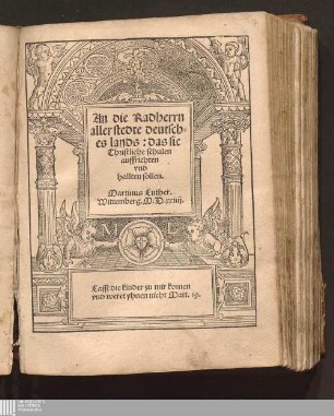 An die Radherrn || aller stedte deutsch=||es lands: das sie || Christliche schulen || auffrichten || vnd || hallten sollen.||