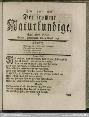 Der fromme Naturkundige. Das achte Stück. Dantzig, Sonnabends, den 16. August.1738