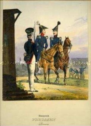 Uniformdarstellung, Offiziere zu Pferd, Wache, Pionier-Bataillon, Preußen, 1838/1843. Aus: Eckert/Monten: Das deutsche Bundesheer. Tafel 41.