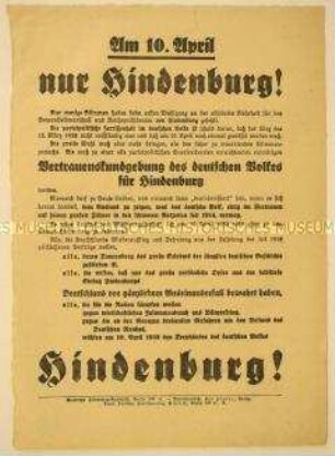 Programmatisches Wahlflugblatt zur Unterstützung Hindenburgs im zweiten Wahlgang der Reichspräsidentenwahl 1932