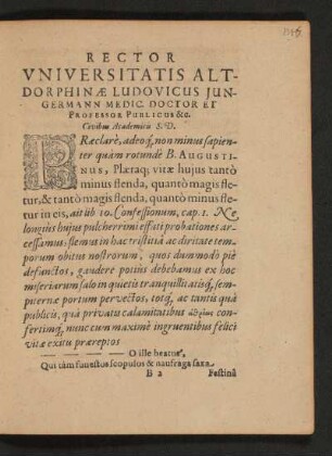 Rector Universitatis Altdorphinae Ludovicus Jungermann Medic. Doctor Et Professor Publicus ...