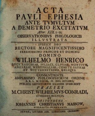 Acta Pauli Ephesia ante tumultum a Demetrio excitatum : act. XIX, 1 - 21