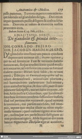 Exercitatio XXXIII. De glandulis & pituita intestinorum. Joh. Conrado Peiero Joh. Jcobus Harderus S. P. D.