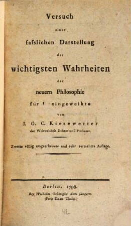 Versuch einer fasslichen Darstellung der wichtigsten Wahrheiten der neuern Philosophie für Uneingeweihte