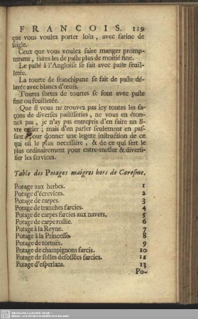 Table des Potages maigres hors de Caresme