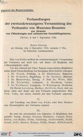 22: Verhandlungen der ... Versammlung des Verbandes von Museums-Beamten zur Abwehr von Fälschungen und Unlauterem Geschäftsgebaren