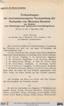 22: Verhandlungen der ... Versammlung des Verbandes von Museums-Beamten zur Abwehr von Fälschungen und Unlauterem Geschäftsgebaren