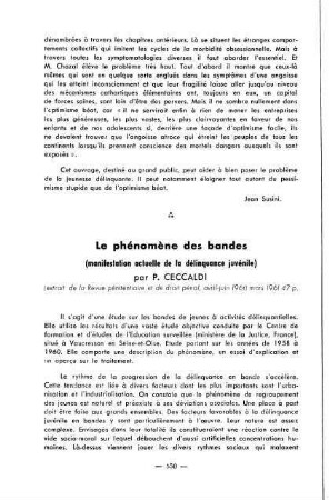 550-551, Le phénomène des bandes (manifestation actuelle de la délinquance juvénile), par P. Ceccaldi
