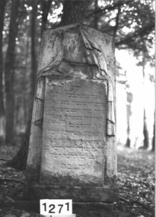Grabstein 1271 (Index: 99900101) Material: Sandstein Zustand: stark verwittert Maße HxBxT: 133x55x21 cm Beschreibung: aufgesockelte Stele mit Dreiecksabschluss, eingetiefter Rahmen, im Dreiecksfeld plastiscje Urne, mit Tuch bedeckt Symbolik: Urne, mit Tuch bedeckt: Grabstein 1271