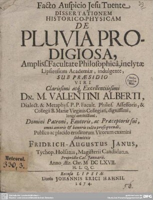 Dissertationem Historico-Physicam De Pluvia Prodigiosa