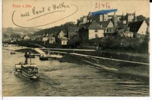 Pirna. Sonnenstein, Elbe mit Dampfer