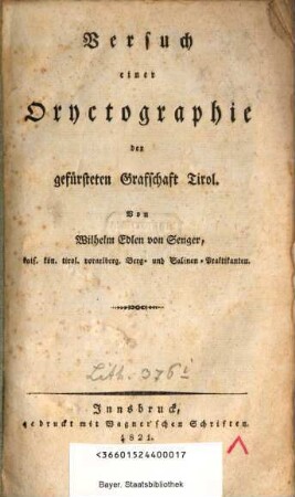 Versuch einer Oryctographie der gefürsteten Grafschaft Tirol