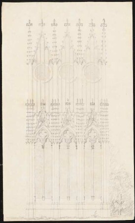 Grabmal als hohes gotisches Tabernakel: Aufriss Ansicht gotische Ziergiebel mit Maßwerkfenstern (Vorskizze und Berechnungen vgl. Inv.Nr. 45019,1)