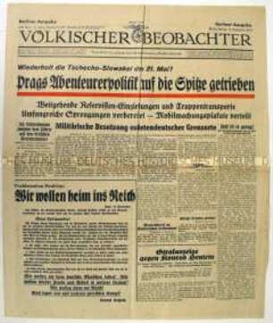 Fragment der NS-Tageszeitung "Völkischer Beobachter" mit scharfer Polemik gegen die Tschechoslowakei