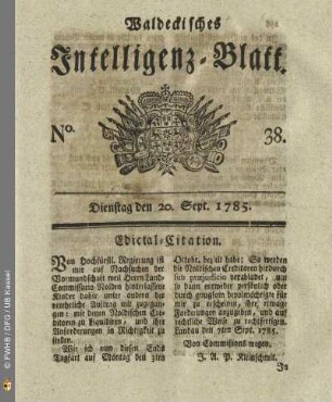No. 38, Dienstag den 20. Sept. 1785