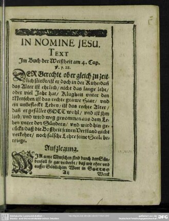 Leichenpredigt : Christliche Leich- und Ehrenpredigt, Text, Außlegung, Lehr und Erinnerung