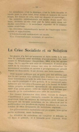 La Crise Socialiste et sa Solution