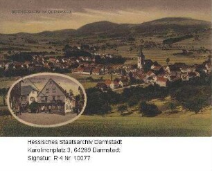 Reichelsheim im Odenwald, Panorama / unten links in Medaillon: Ansicht von Gasthof und Pension 'Zum Schwanen' (Inhaber J. Treusch)