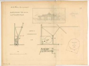 Zweiflügeliges Tor für eine Luftschiffhalle Monatskonkurrenz Dezember 1910: Grundriss (Skizze); Details zu den Laufrädern 1:20; perspektivische Ansicht; Maßstabsleiste